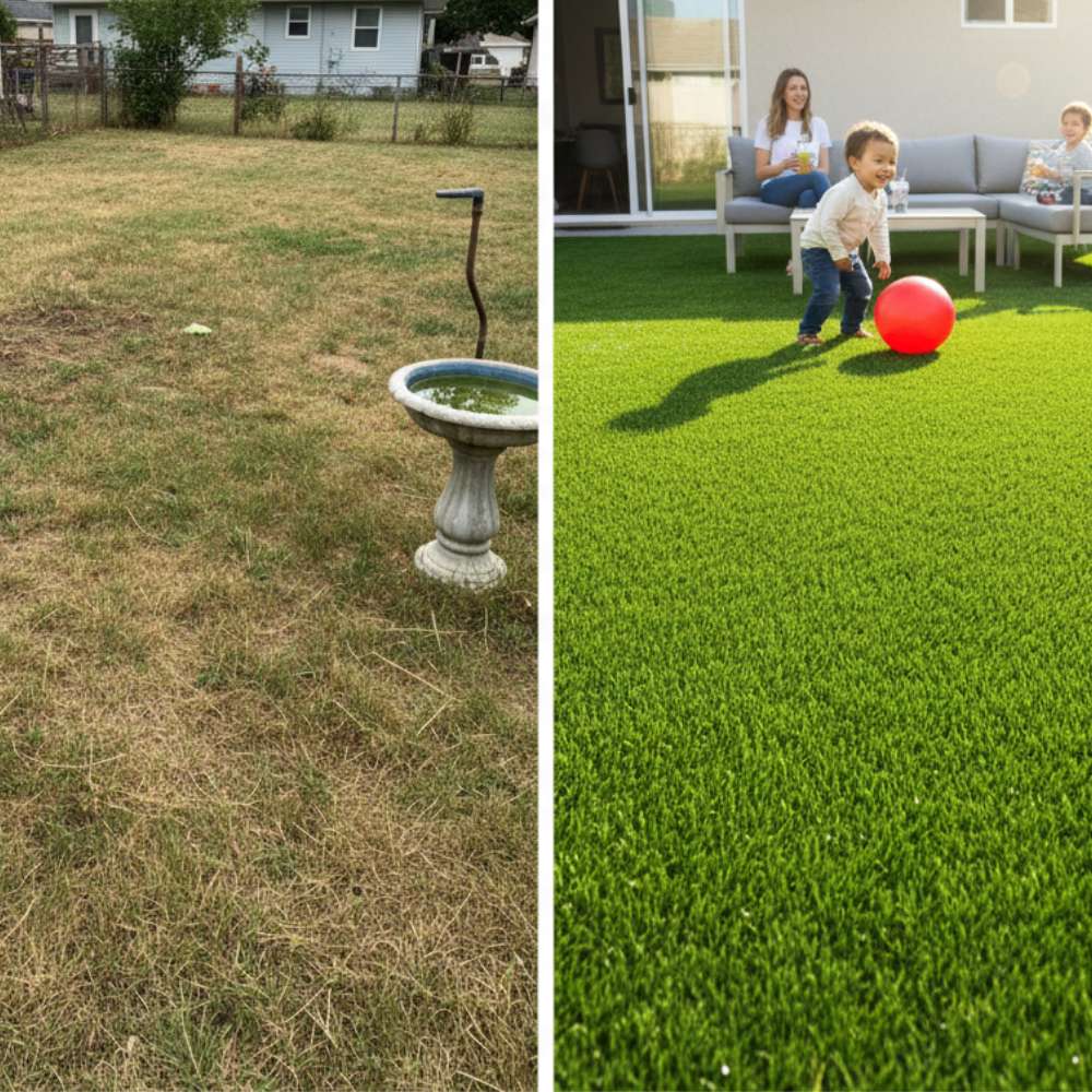 before and after of artificial grass graden