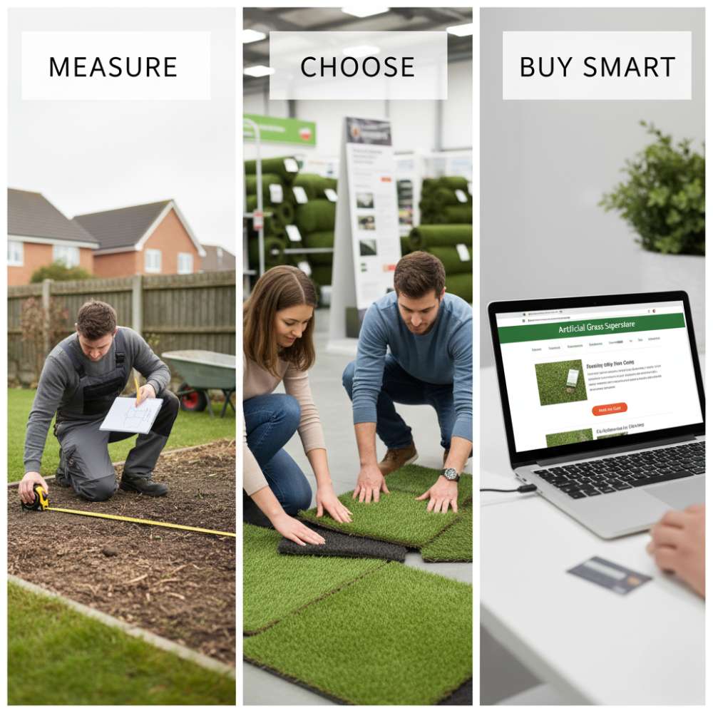 image of measuring, choosing and buying artificial grass