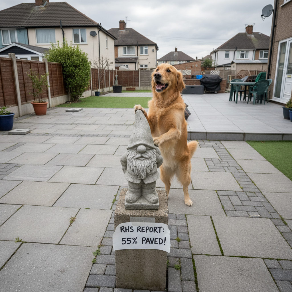 Ai generated image of UK garden with more concrete than grass